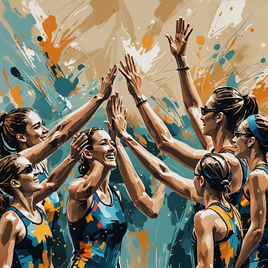 Triumphant Coach Celebrates Swimmers in Abstract Art
