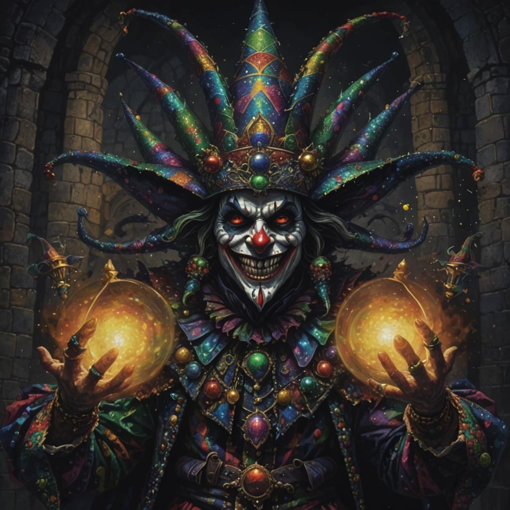 Sinister Jester Running in a Medieval Castle