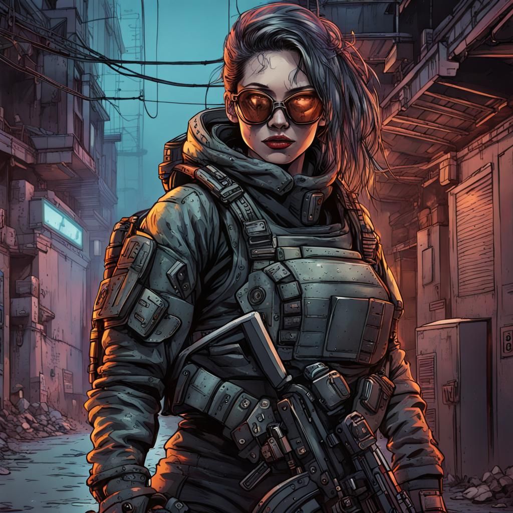 Cyberpunk Woman in Tactical Suit, Ink Drawing