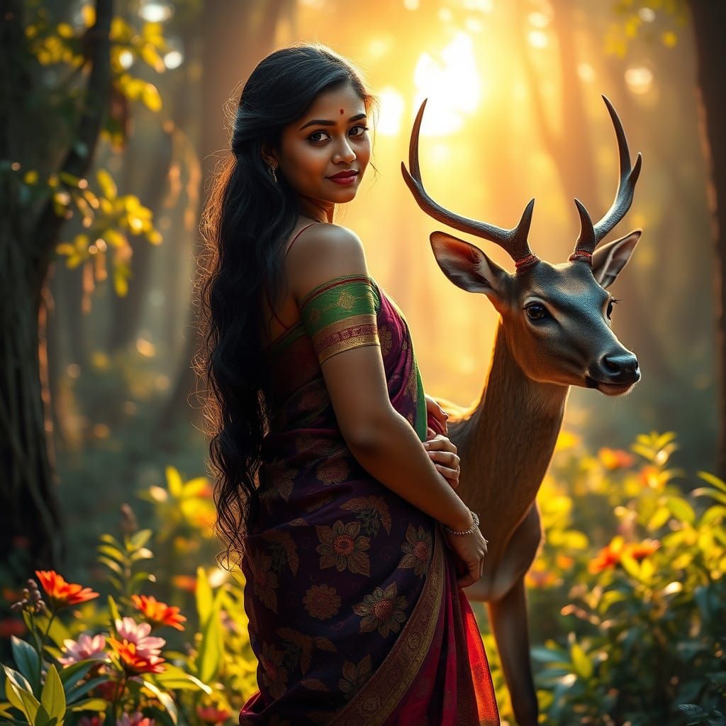 Tamil Woman Serenely Surrounded by Nature in a Vibrant Fores...