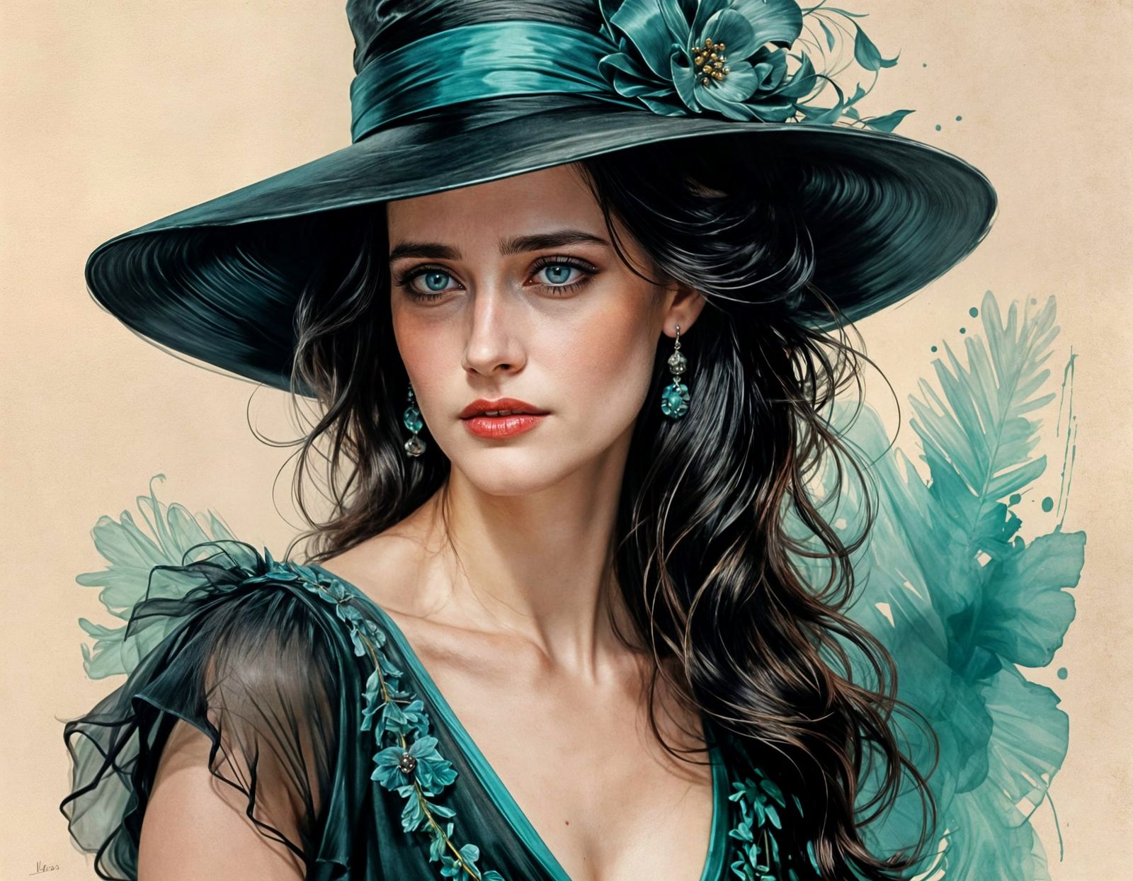 Portrait of Eva Green, fiery black and turquoise dress