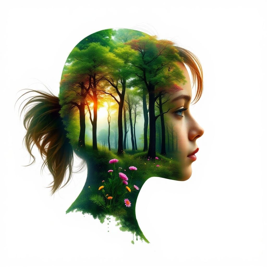 Girl's Serene Face in Vibrant Spring Forest