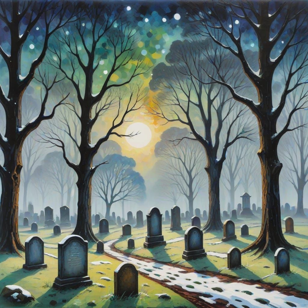 Enchanting Graveyard Scene in Impressionistic Style
