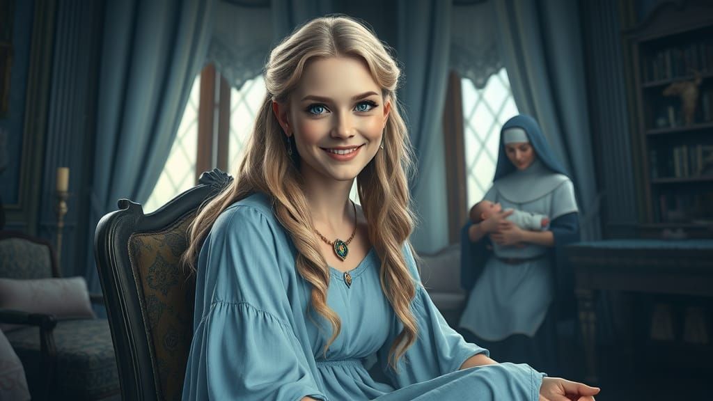 Norse Goddess Freya Cradles Infant in Enchanting Bedroom Sce...