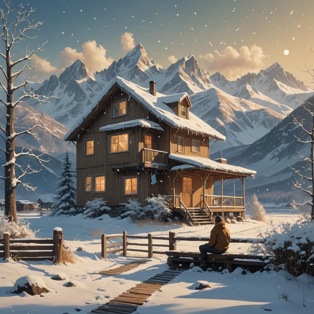 Meditative Figure in Fantastical Winter Landscape