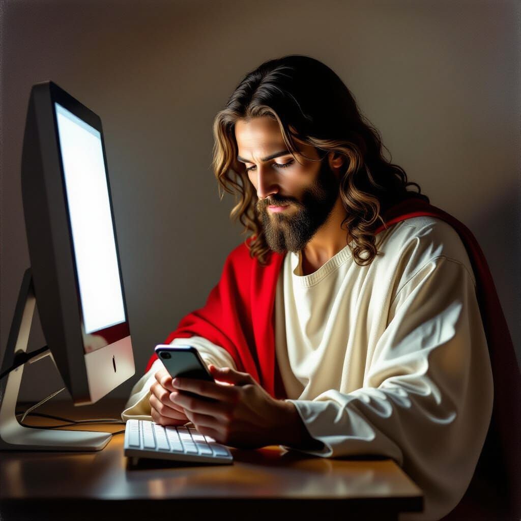 Jesus Christ Uses Smartphone and Computer in Surreal Pop Art...