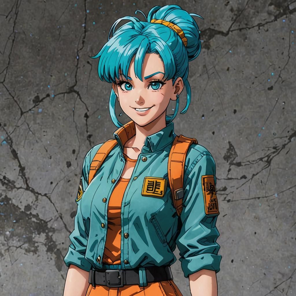 Bulma from Dragon Ball. Bulma is a woman with bright blue hair and large eyes. She wears modern and stylish clothing tha...
