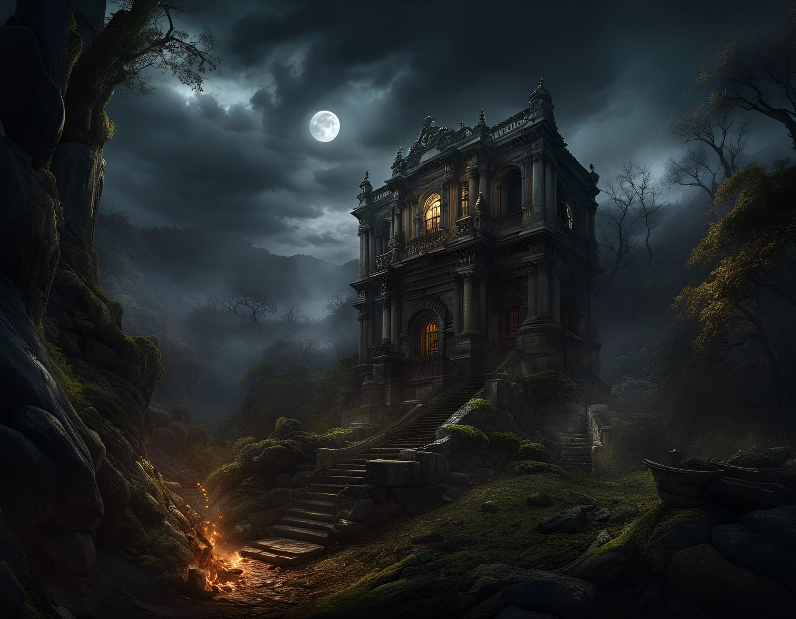 Fantastical Demon Skull Underworld in Ukiyo-e Style