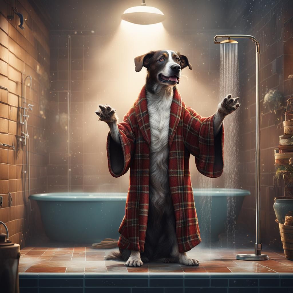 Dog in Plaid Robe Singing in Shower