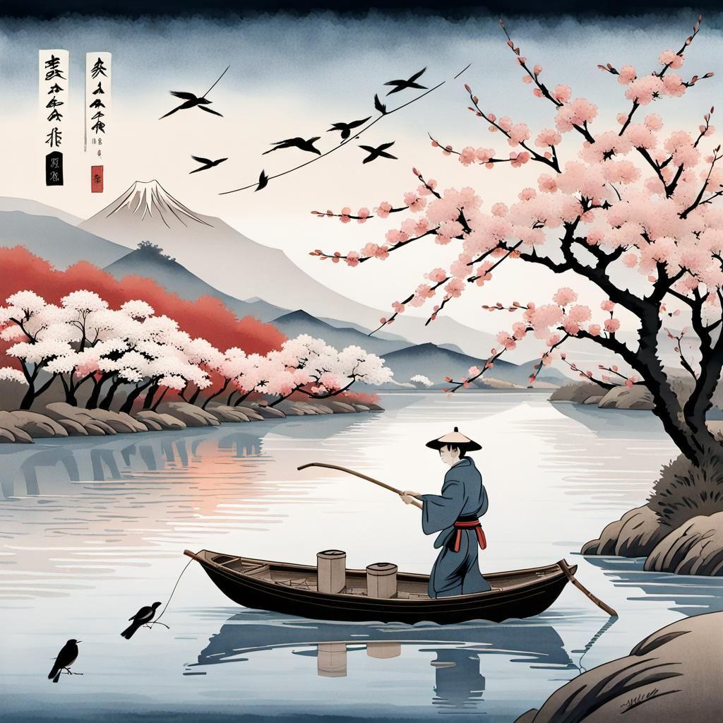 Ukiyo-e Fisherman in Serene Riverside Scene