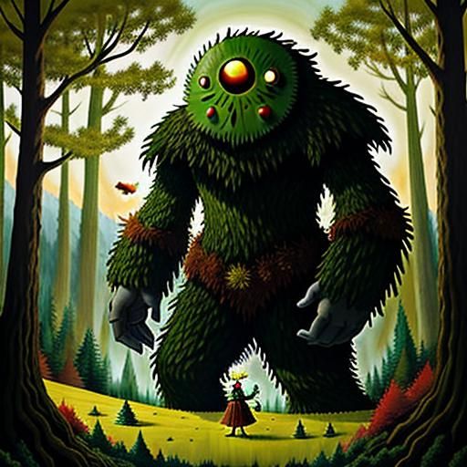 Giant Monster Hiding in Forest, Surrealist Style