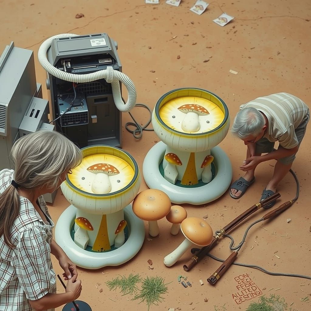 Centenarians Repairing Computer Surrounded by Giant Mushroom...