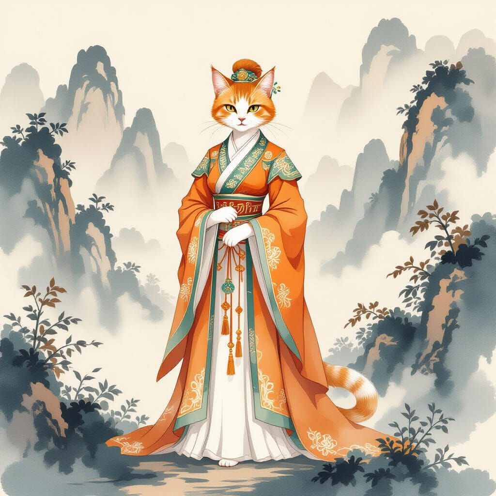 Orange Cat Noblewoman in Chinese Water Ink Style