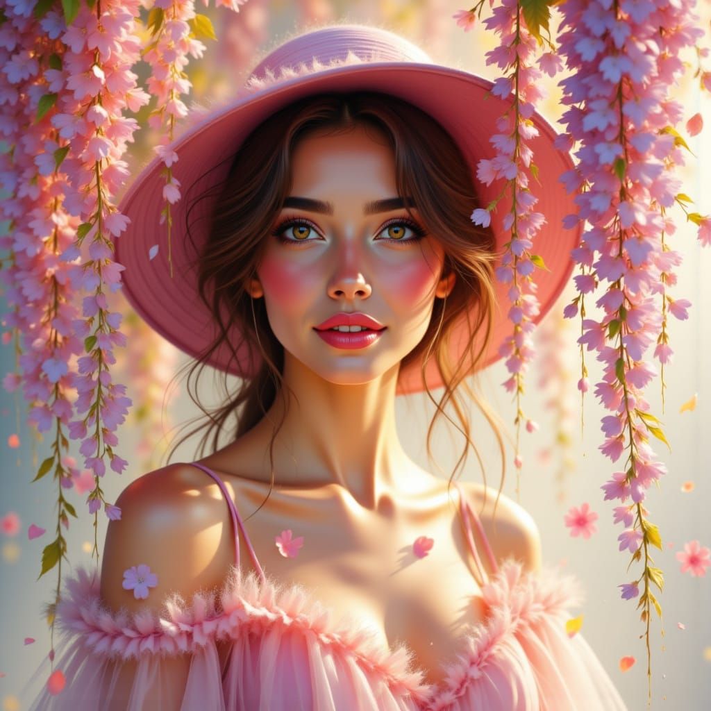 A brown-haired woman with hat