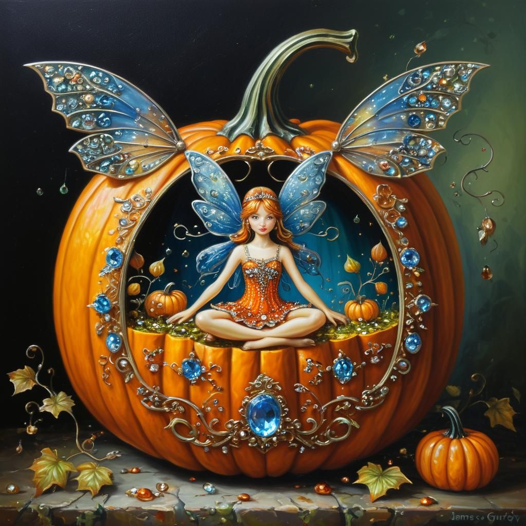 Ornate Bejeweled Pumpkin with Fairy, Oil Painting
