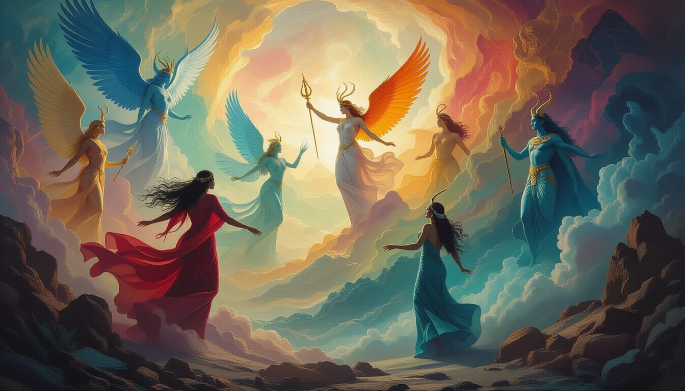 Mythical Gods Evolving in Cosmic Oil Painting