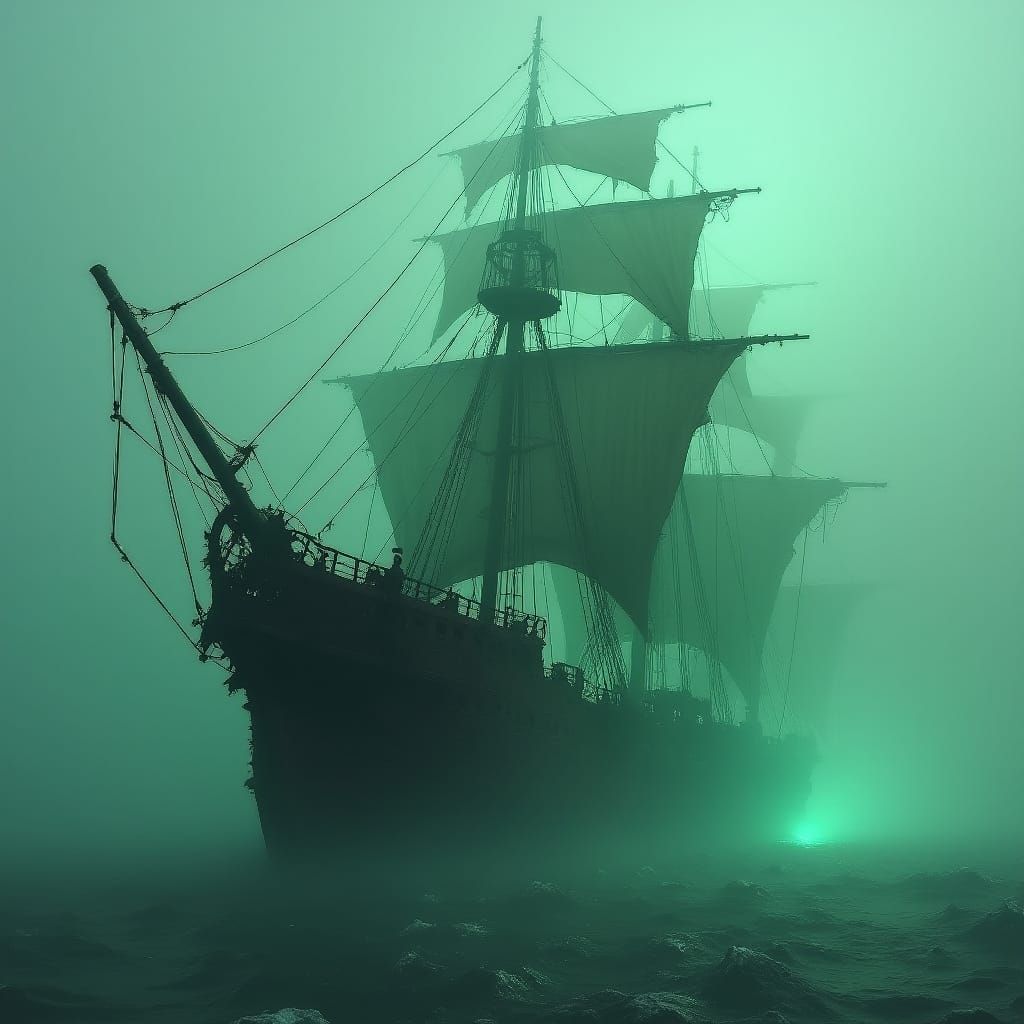 The ghost ship emerged from the fog, its spectral sails bill...