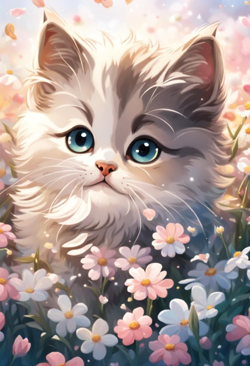 Adorable Kitten Surrounded by Flowers in Golden Hour