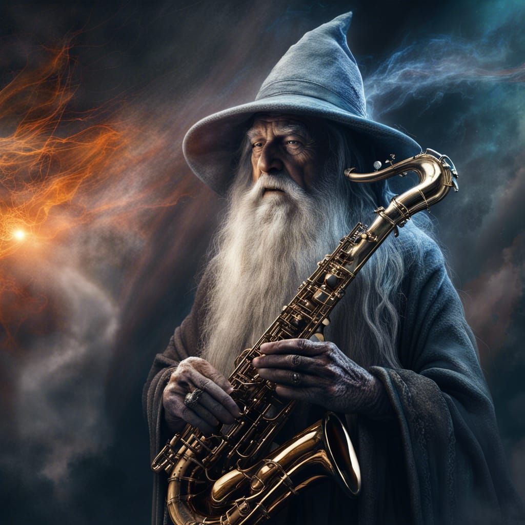 Gandalf playing the saxophone, smoky, space, foggy effects