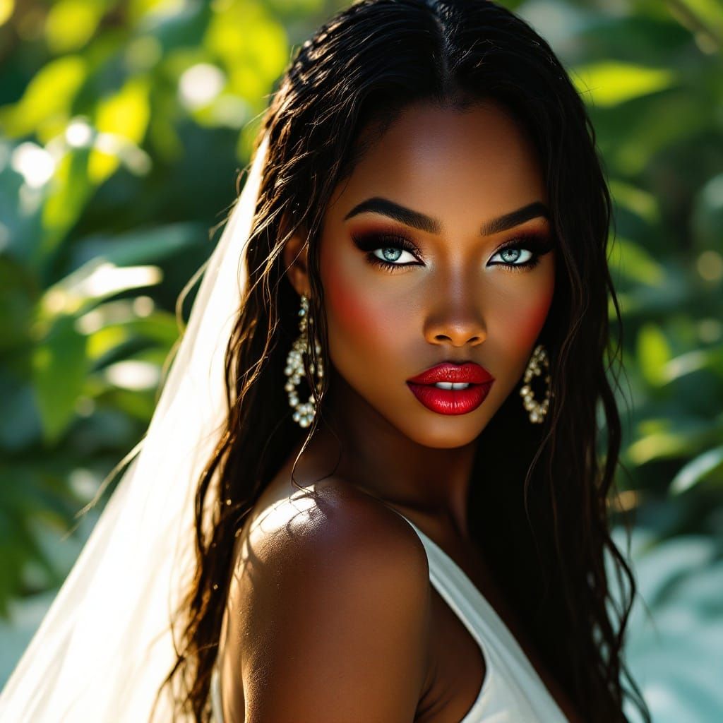 African Goddess in White Gown, Lush Garden