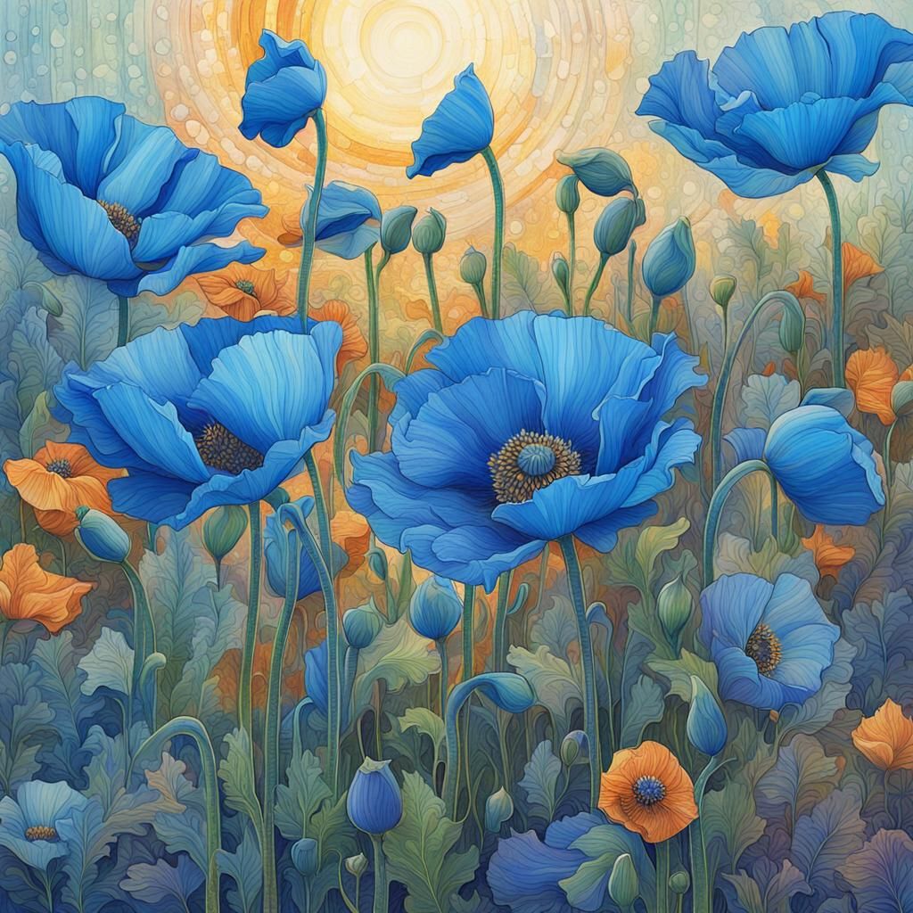 Blue Poppies Splash Art, Detailed 8k Concept