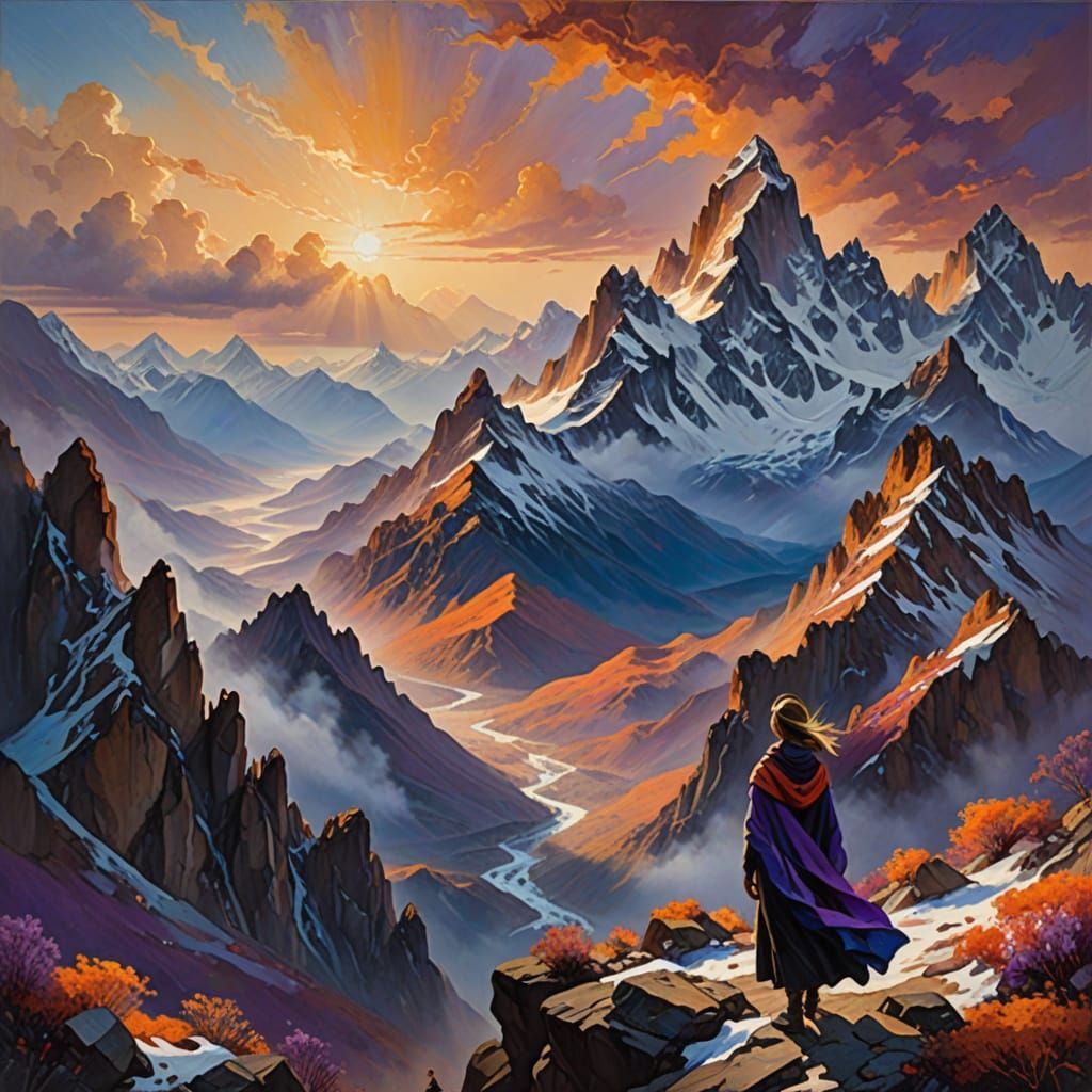 Ethereal Mountains at Dawn in Impressionist Style
