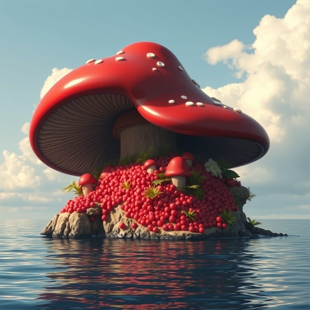 Fantasy Island of Red Mushrooms in the Ocean