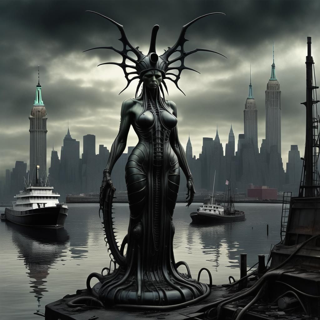 Dystopian New York Harbor in Giger Style