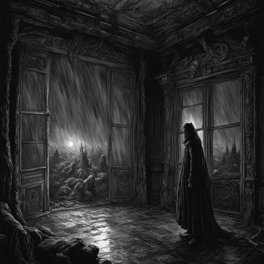 Gothic Horror Portrait: Solitary Figure on Rainy Day