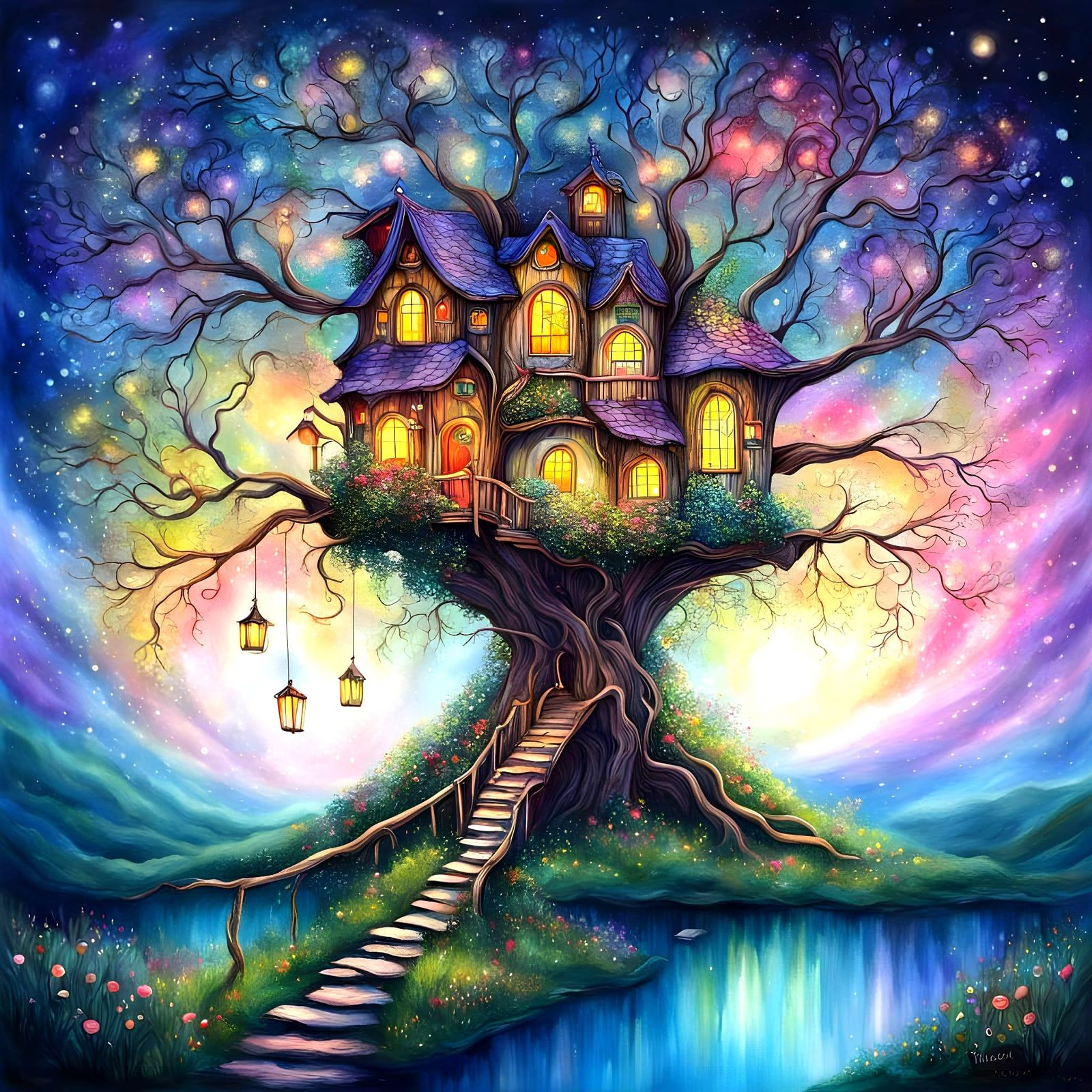 Whimsical Treehouse Blooms in Ancient Tree with Sparkling Jo...