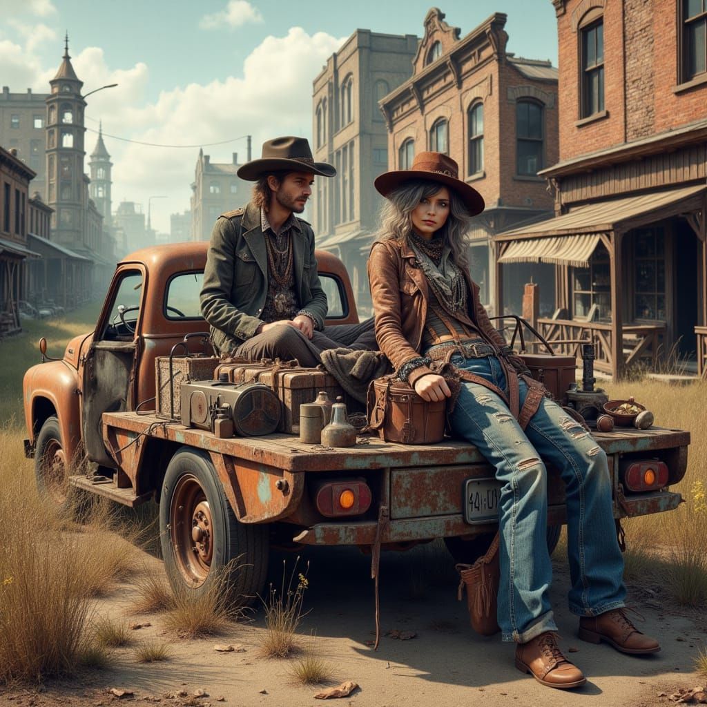 Girl in a Flatbed Ford Slows Down in Abandoned Western Town