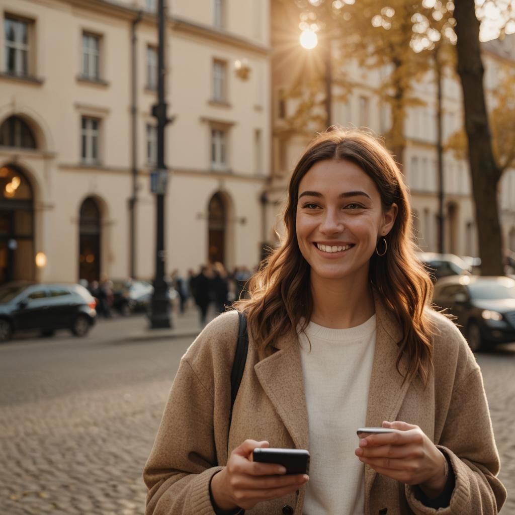 Warm Portrait of Woman with Smartphone Photo