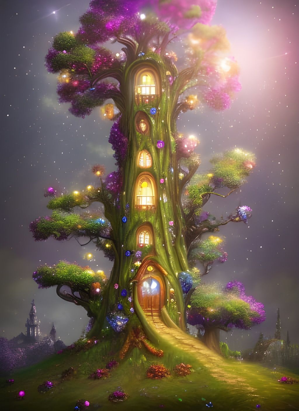 Clockpunk Crystal Village with Flowering Glitter Tree