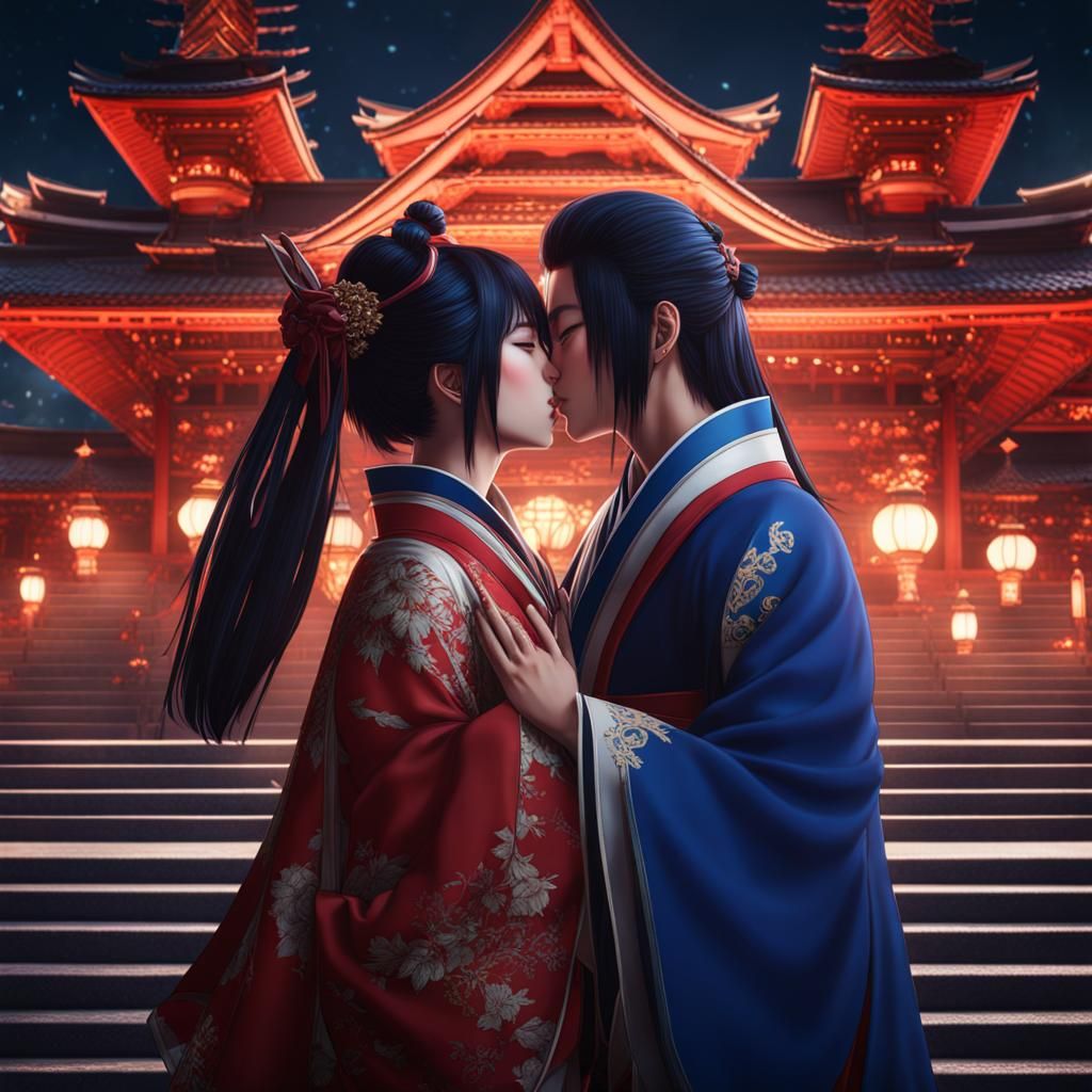 Anime Characters Kissing: Detailed Digital Art