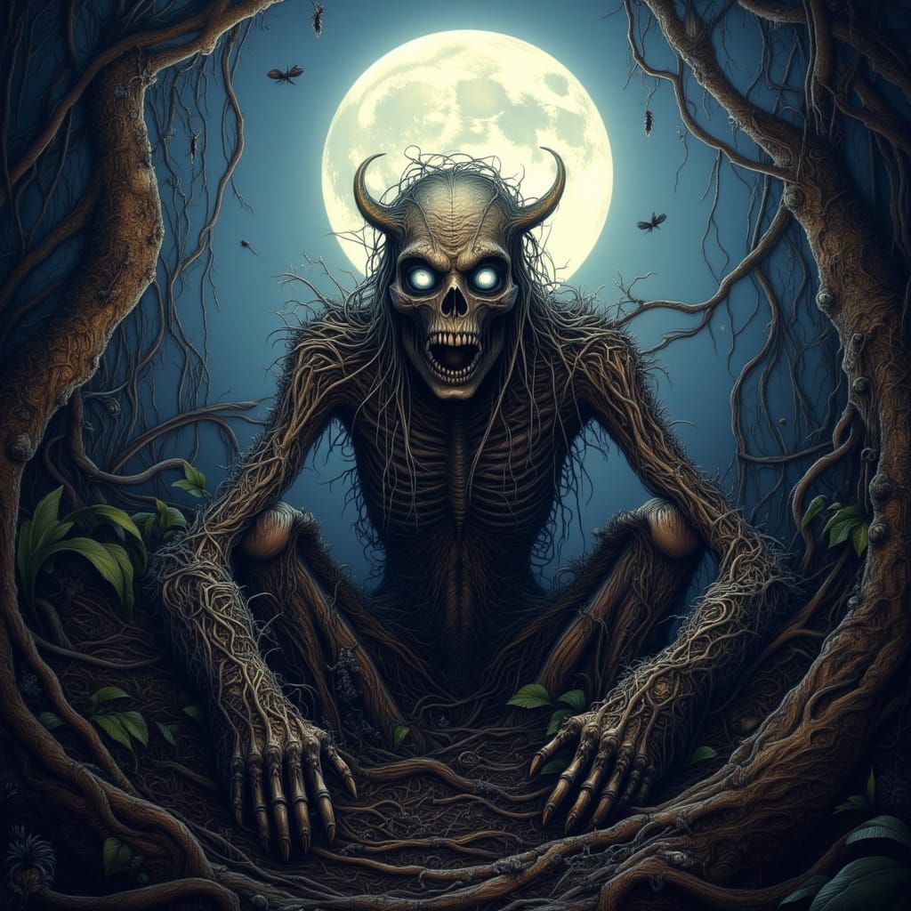 Ethereal Horror Emerges from Twisted Vines under Full Moonli...