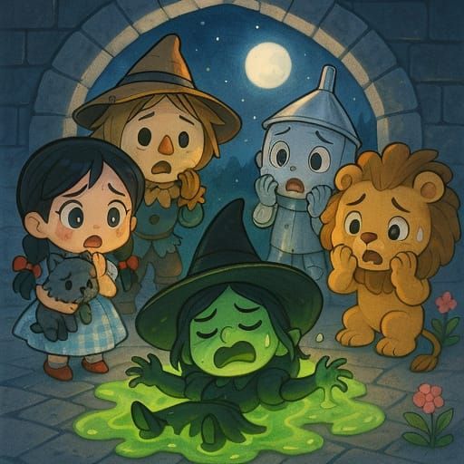 Wicked Witch Melts in Oz: Chibi Storybook Scene