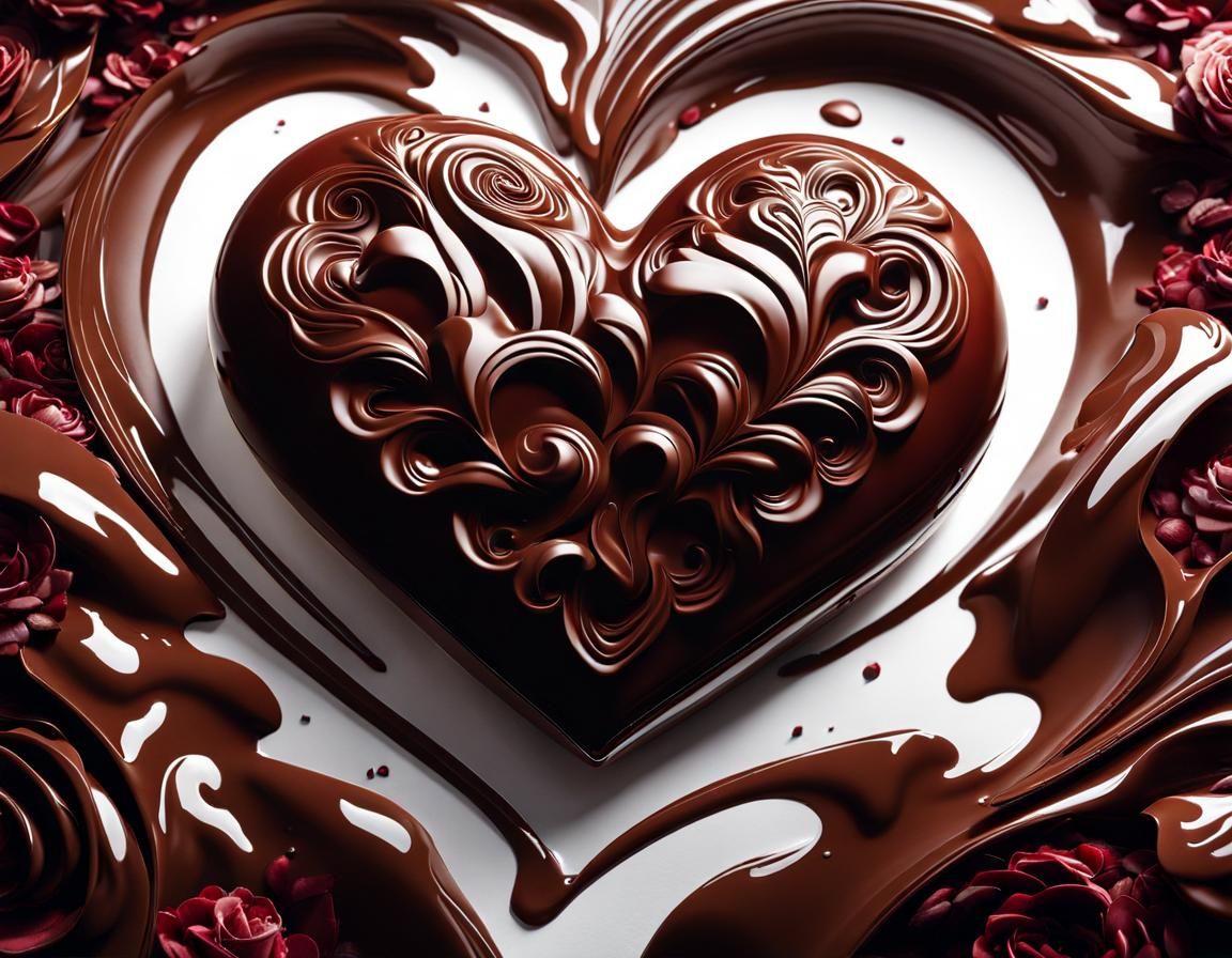 Chocolate Heart Surrounded by Roses on White