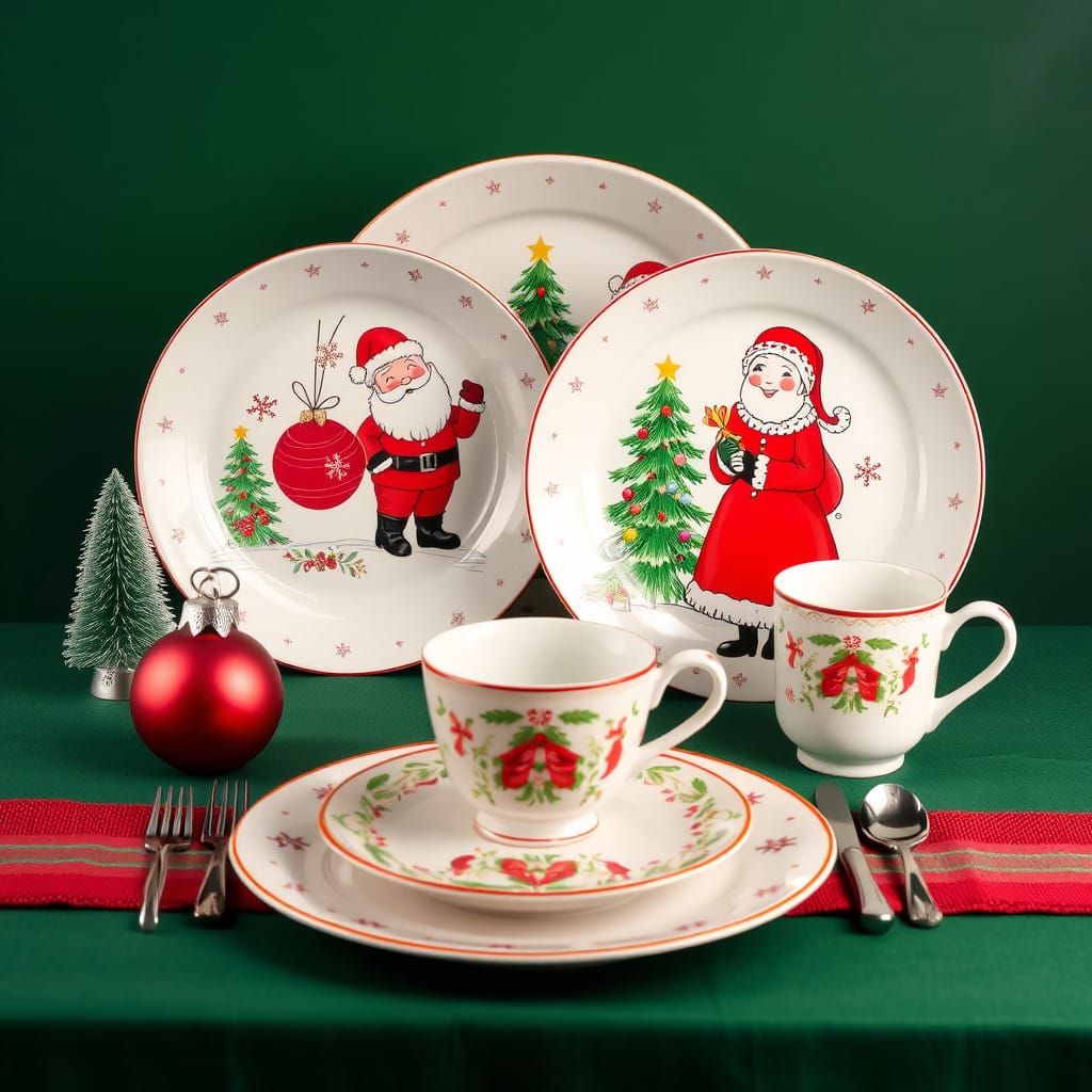 Whimsical Christmas Table Setting in Ceramic Style