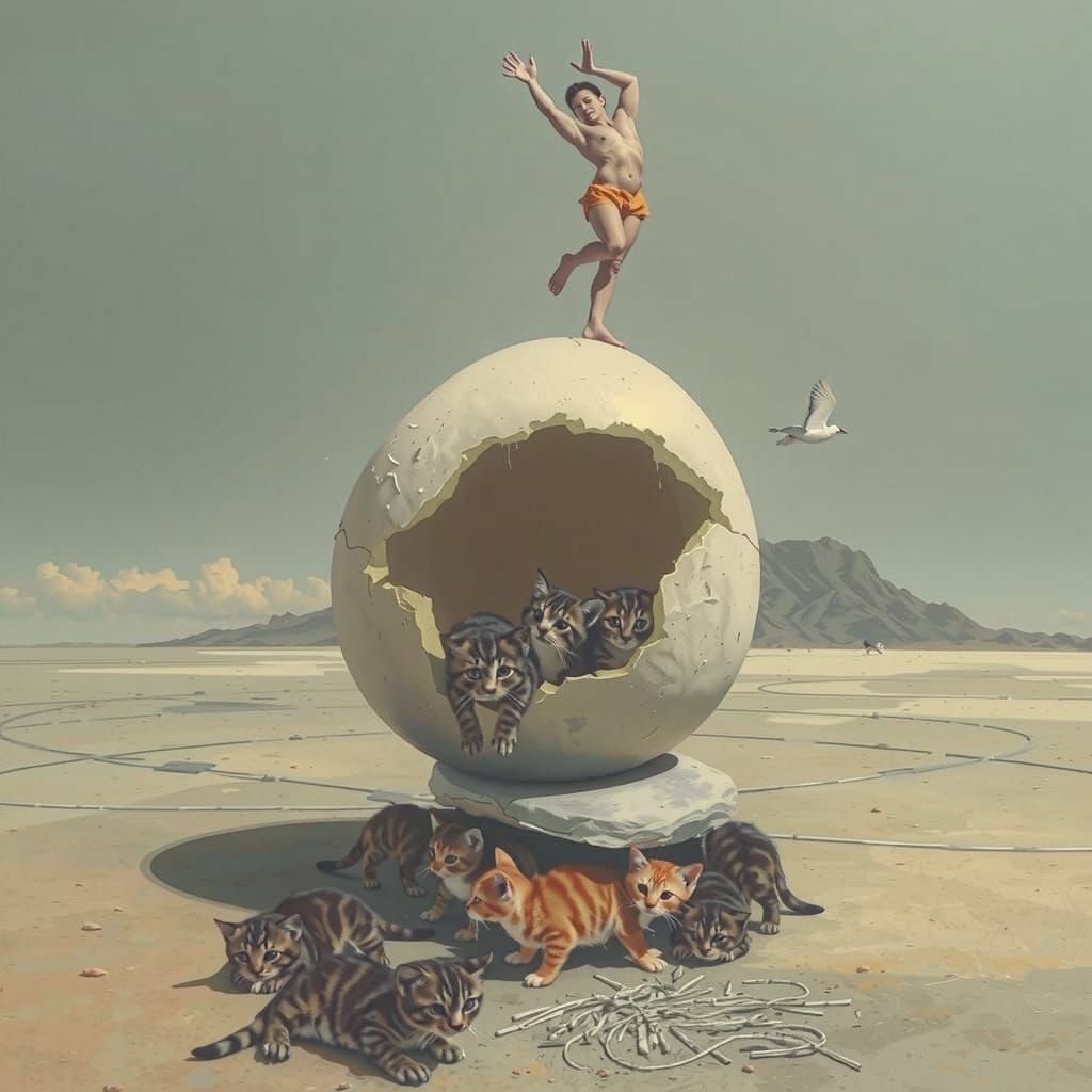 Kittens Emerge From Giant Egg on Surreal Stage
