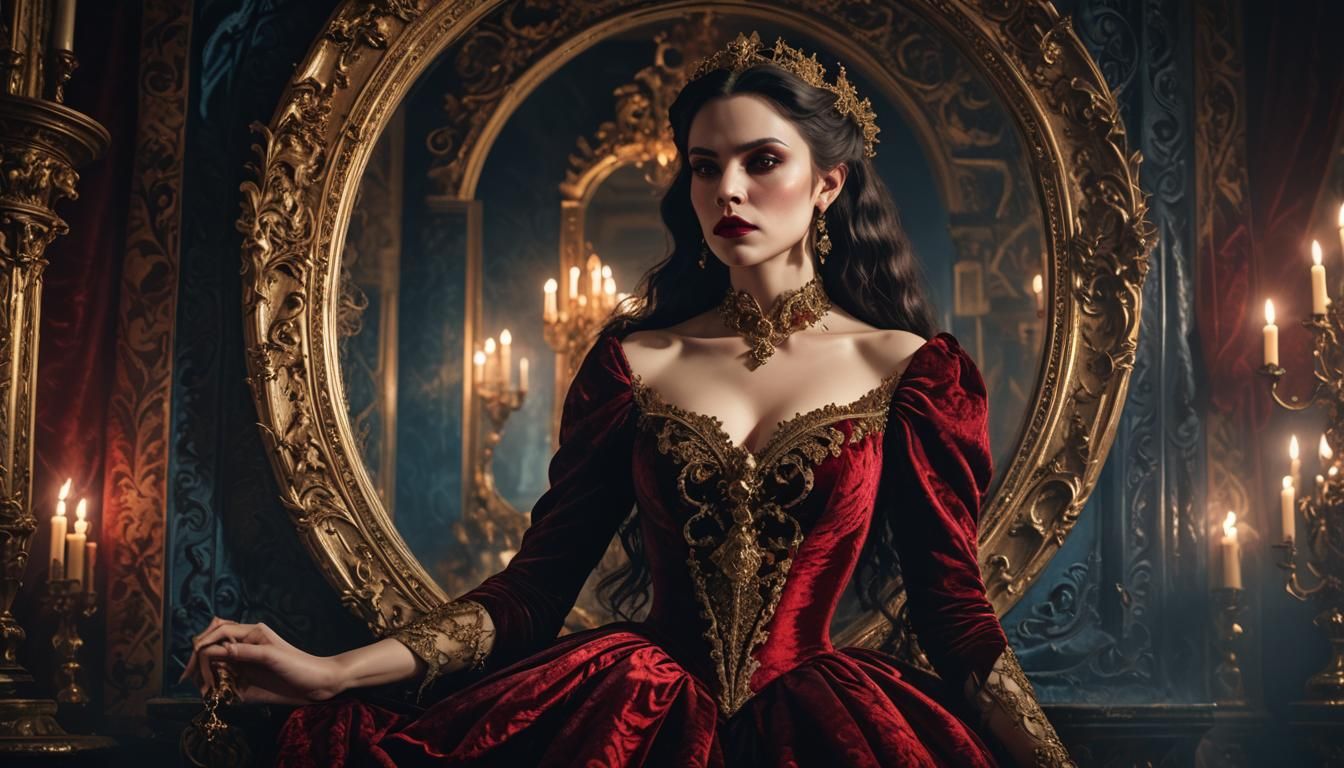 Gothic Vampiress in Baroque Mirror, Dark Fantasy Art