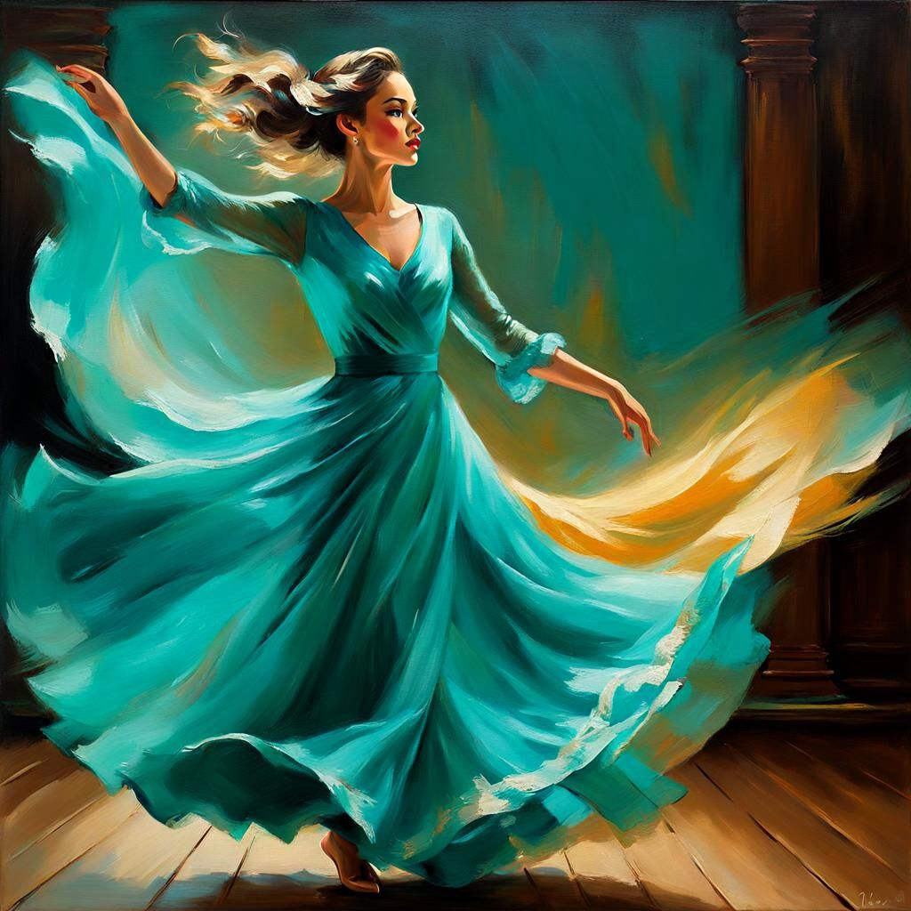 Elegant Dancer in Turquoise Dress: Post-Impressionist Style
