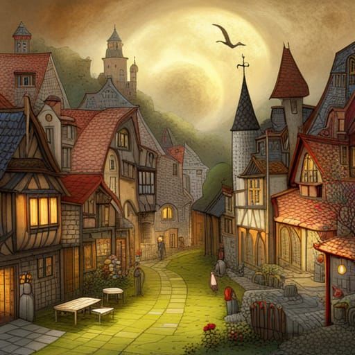 Medieval Town Sunset in Surreal Fairytale Style