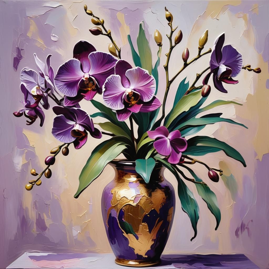 Impasto Orchid Still Life in Abstract Expressionism Style
