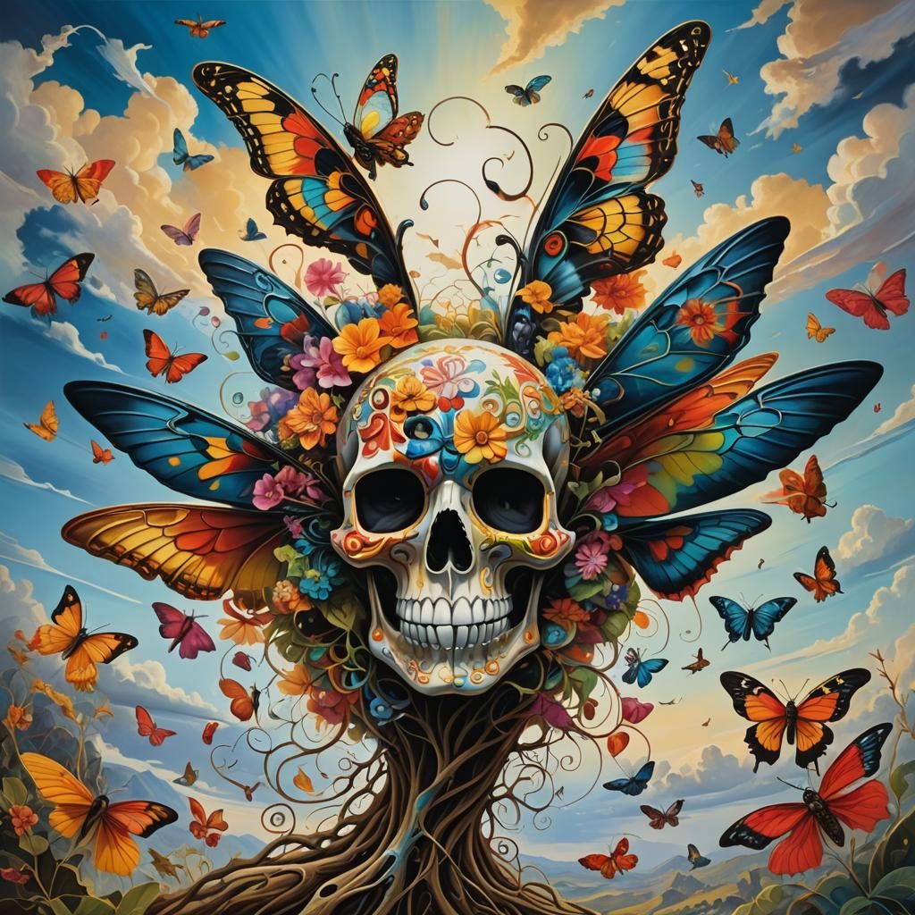 Surreal Landscape with Elastic Flora and Sugar Skull Moth