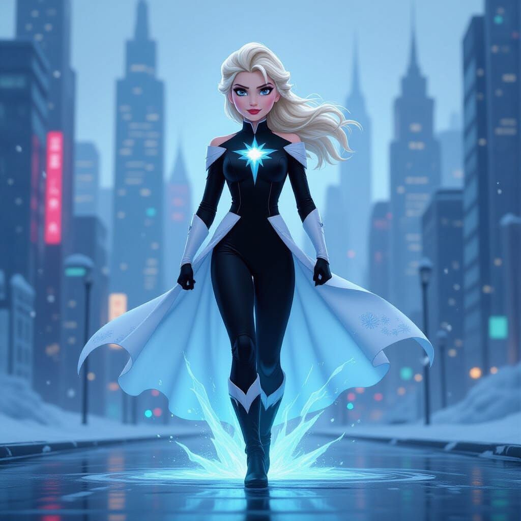 Elsa as Sue Storm in Futuristic Cityscape