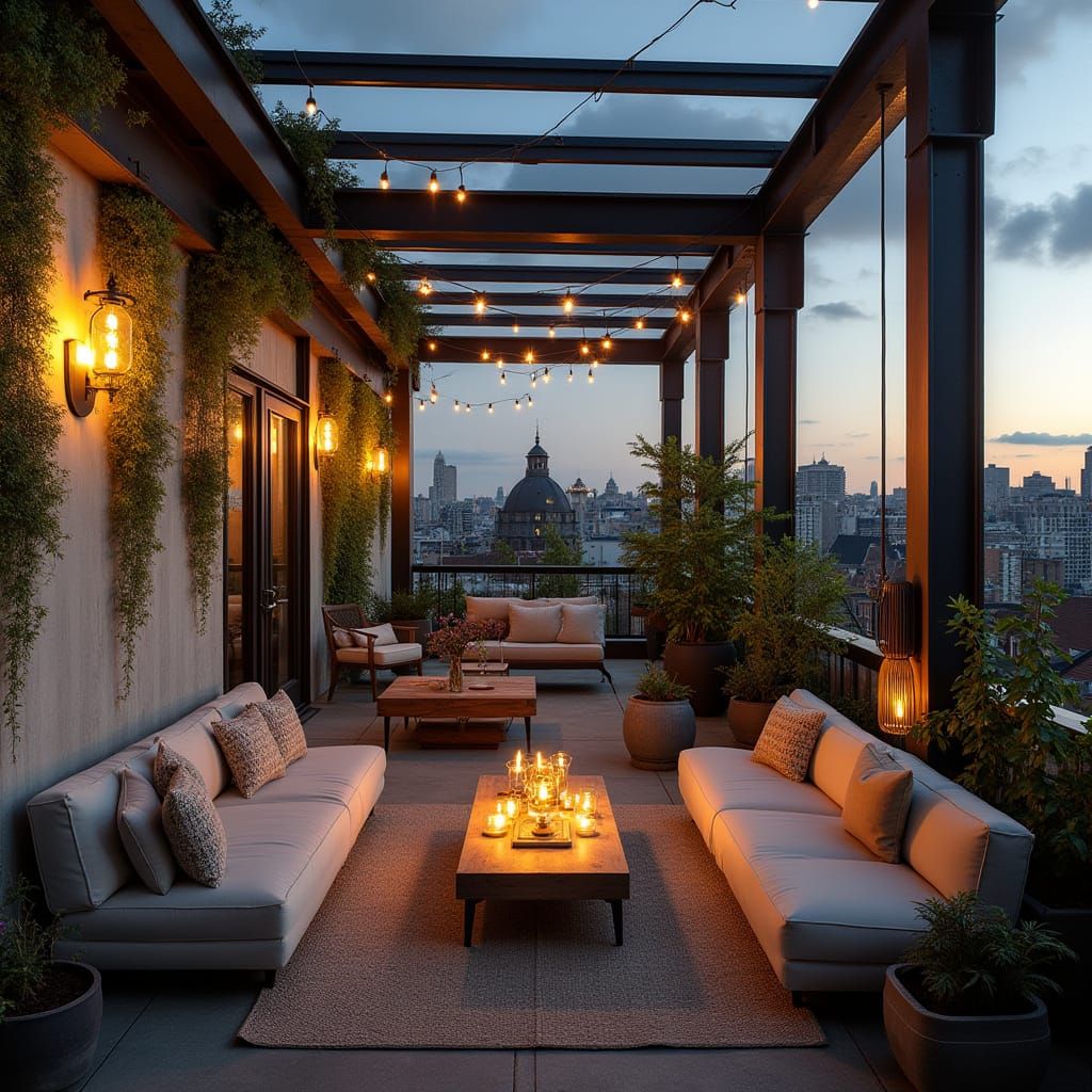 Rooftop Greenhouse Lounge at Dusk: Photorealistic Architectu...