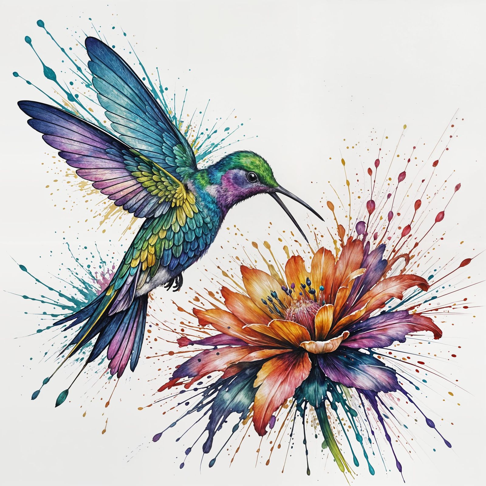 Hummingbird in Abstract Ink Splash Artwork