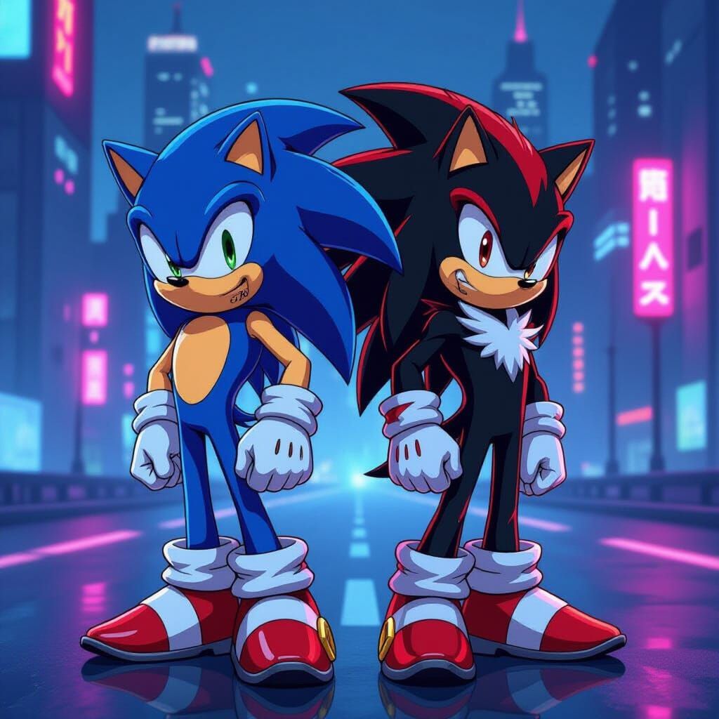 Sonic and Shadow: Cool Duo in Neon Cityscape