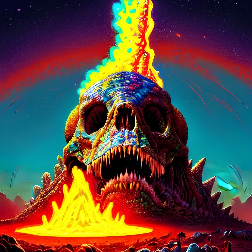 Gem-Encrusted Dinosaur Skull Before Volcanic Eruption
