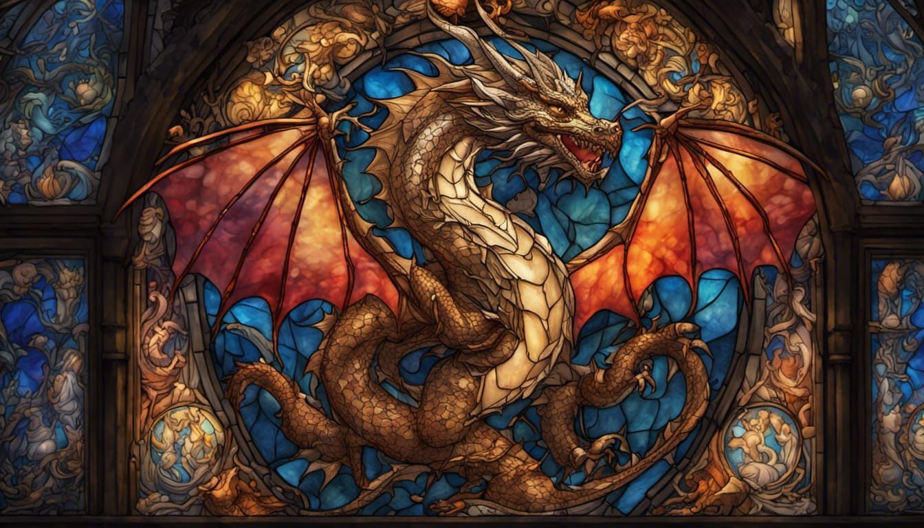 Stained Glass Dragon and Fairy Art
